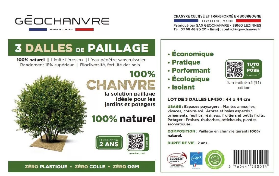 Dalles fendues Herbi'Chanvre 500 g/m²- 44 x 44 cm - Lot de 3