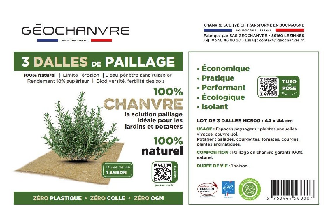 Dalles fendues Herbi'Chanvre 500 g/m²- 44 x 44 cm - Lot de 3
