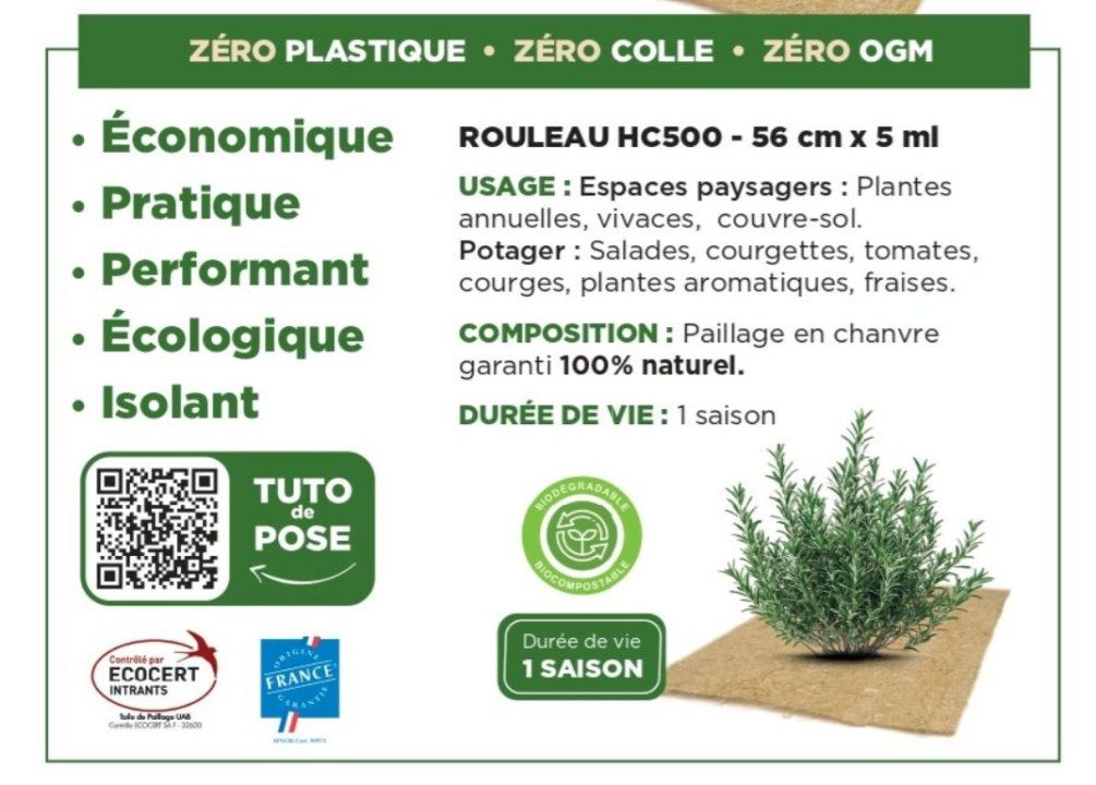 Rouleau de paillage HERBI'CHANVRE 500 g/m² - 0,56m x 5m