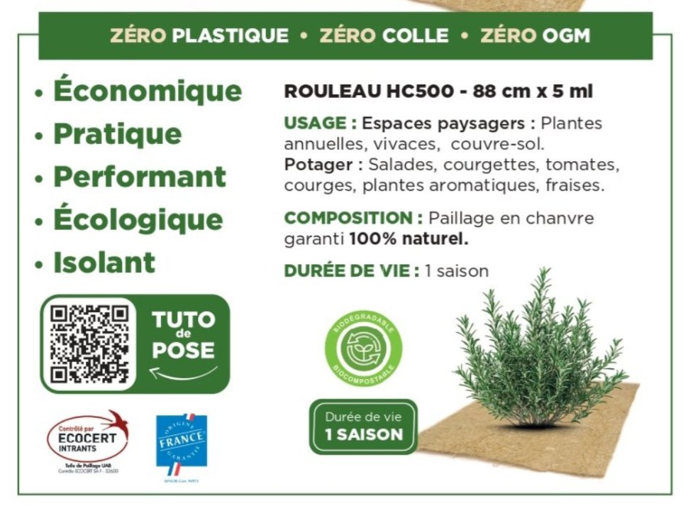 Rouleau de paillage HERBI'CHANVRE 500 g/m² - 0,88m x 5m